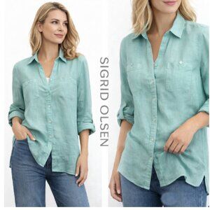 Sigrid Olsen Linen Aqua Button Down Shirt Tunic Size small / medium